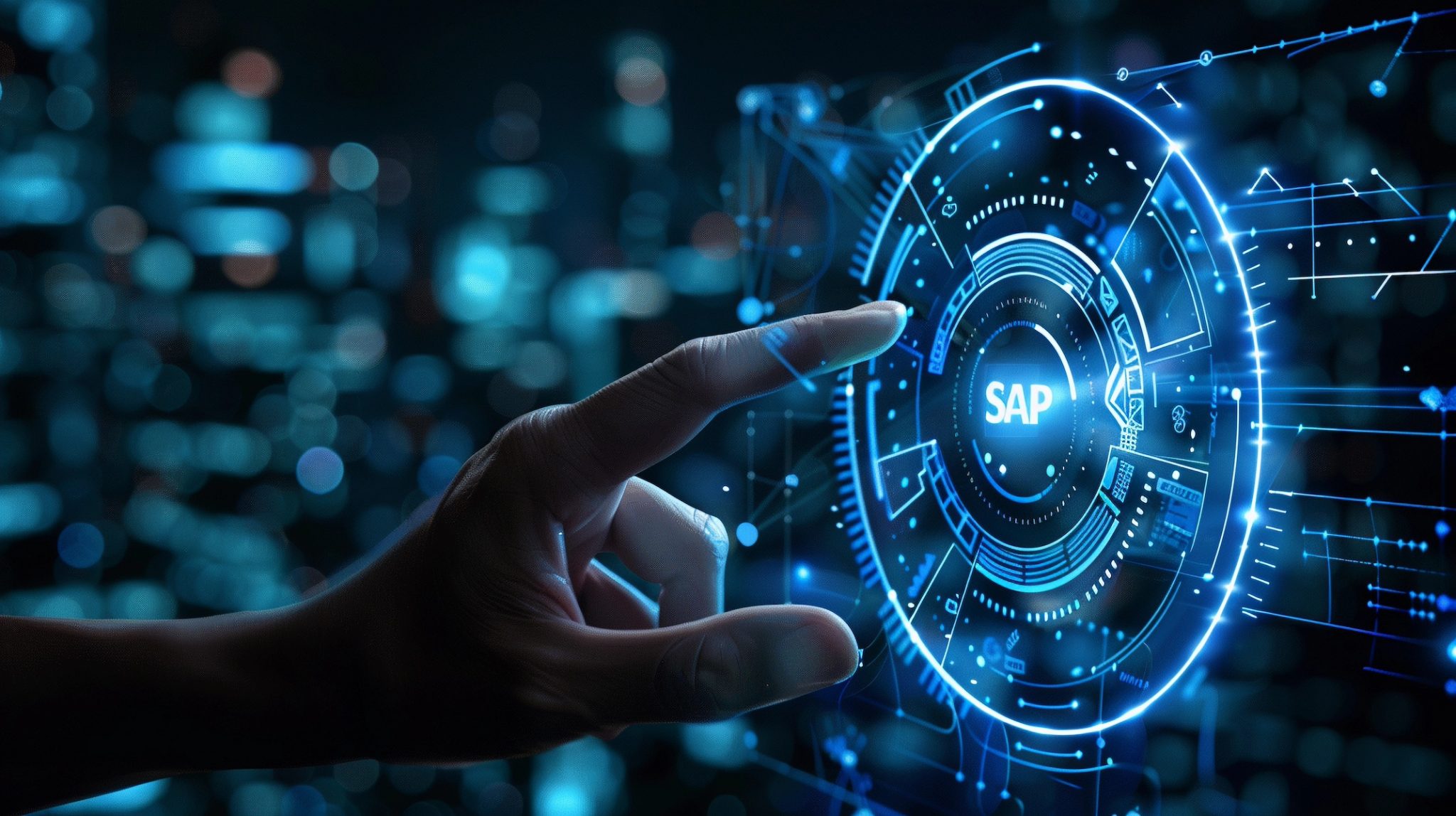 Hand interacting with digital interface showing SAP.