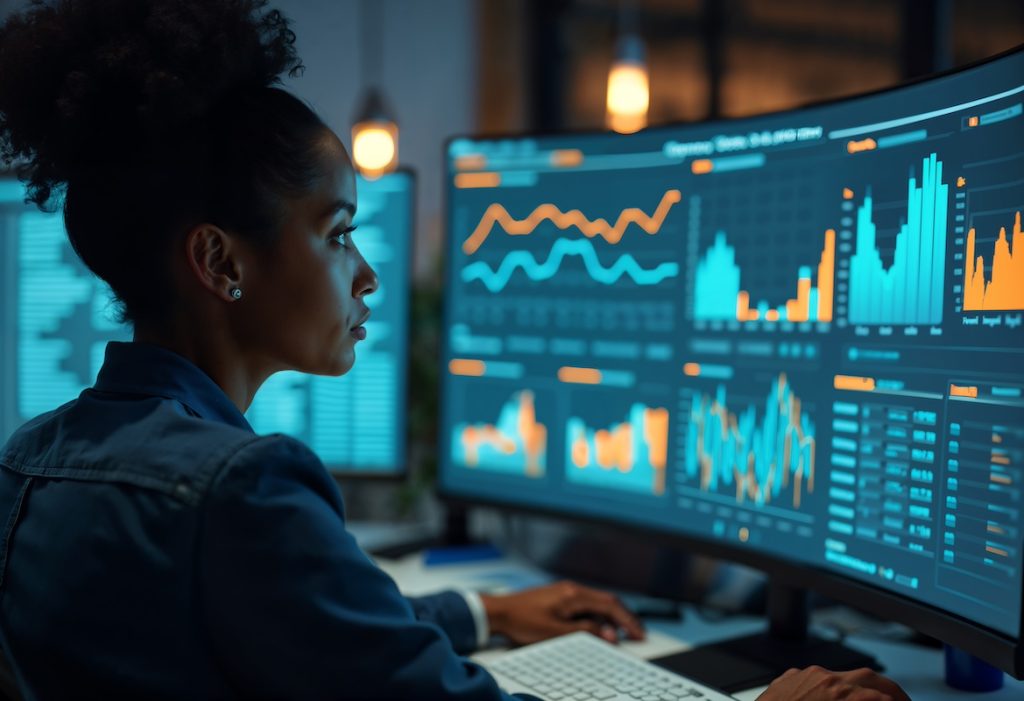 Woman Looking at Data Analytics and Visualization